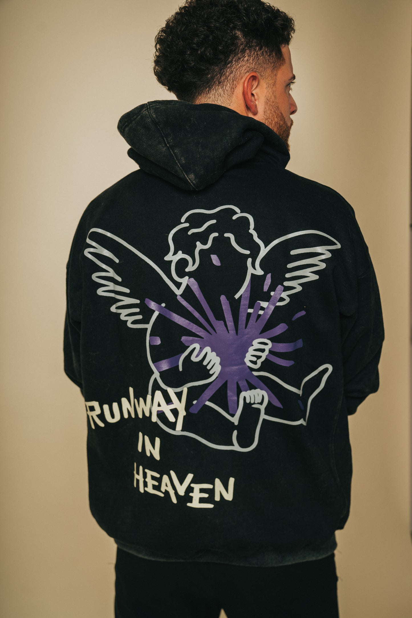 Runway in Heaven Black Acid Washed Angel Hoodie